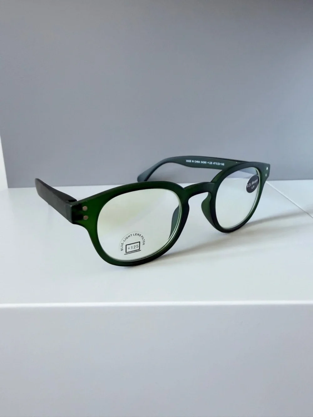 ASOS green classic frame blue light computer reading glasses prescription 1.25
